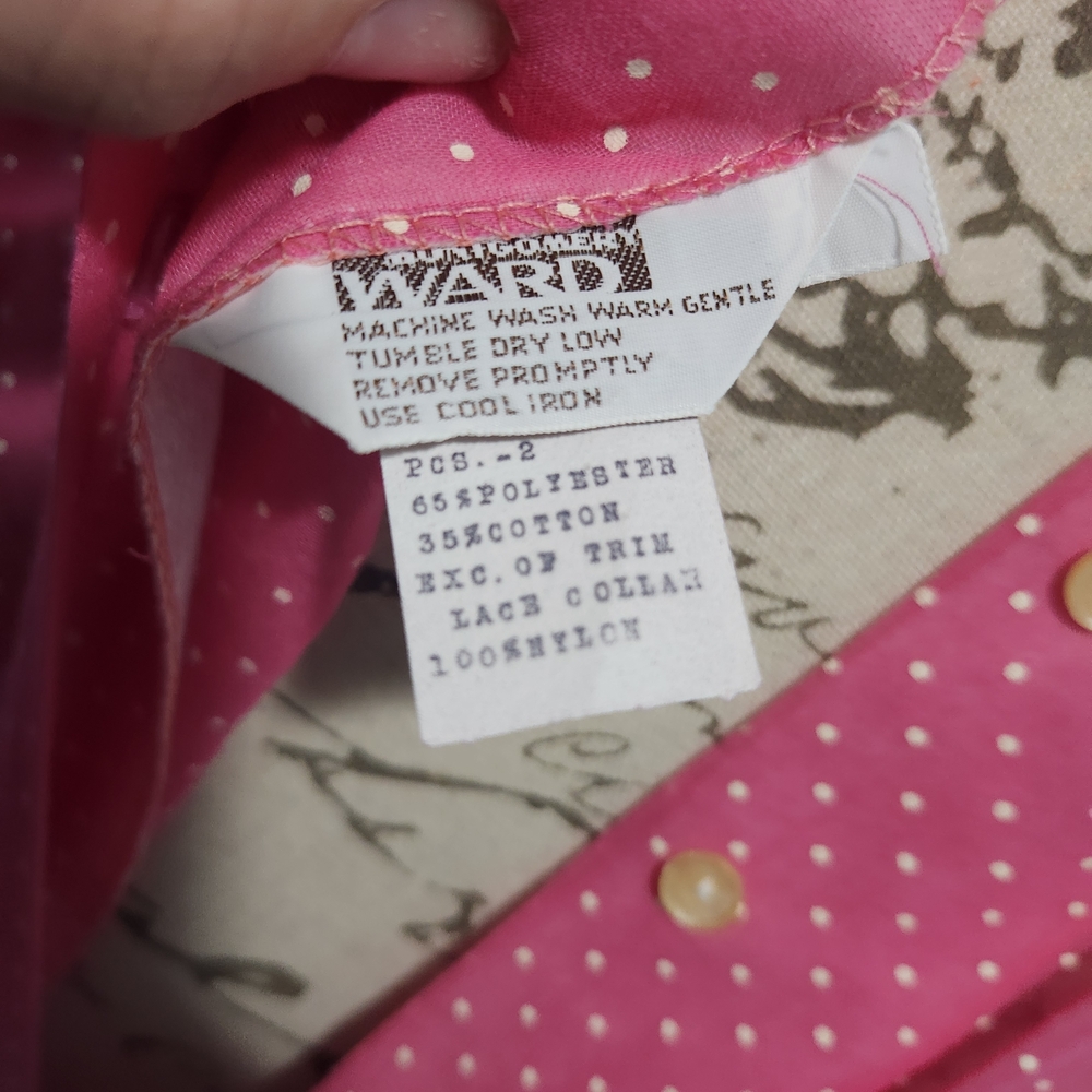 Vintage Montgomery Ward Pink Polka Dot Sheer Button Dress w Belt. Size 11. - Picture 12 of 13